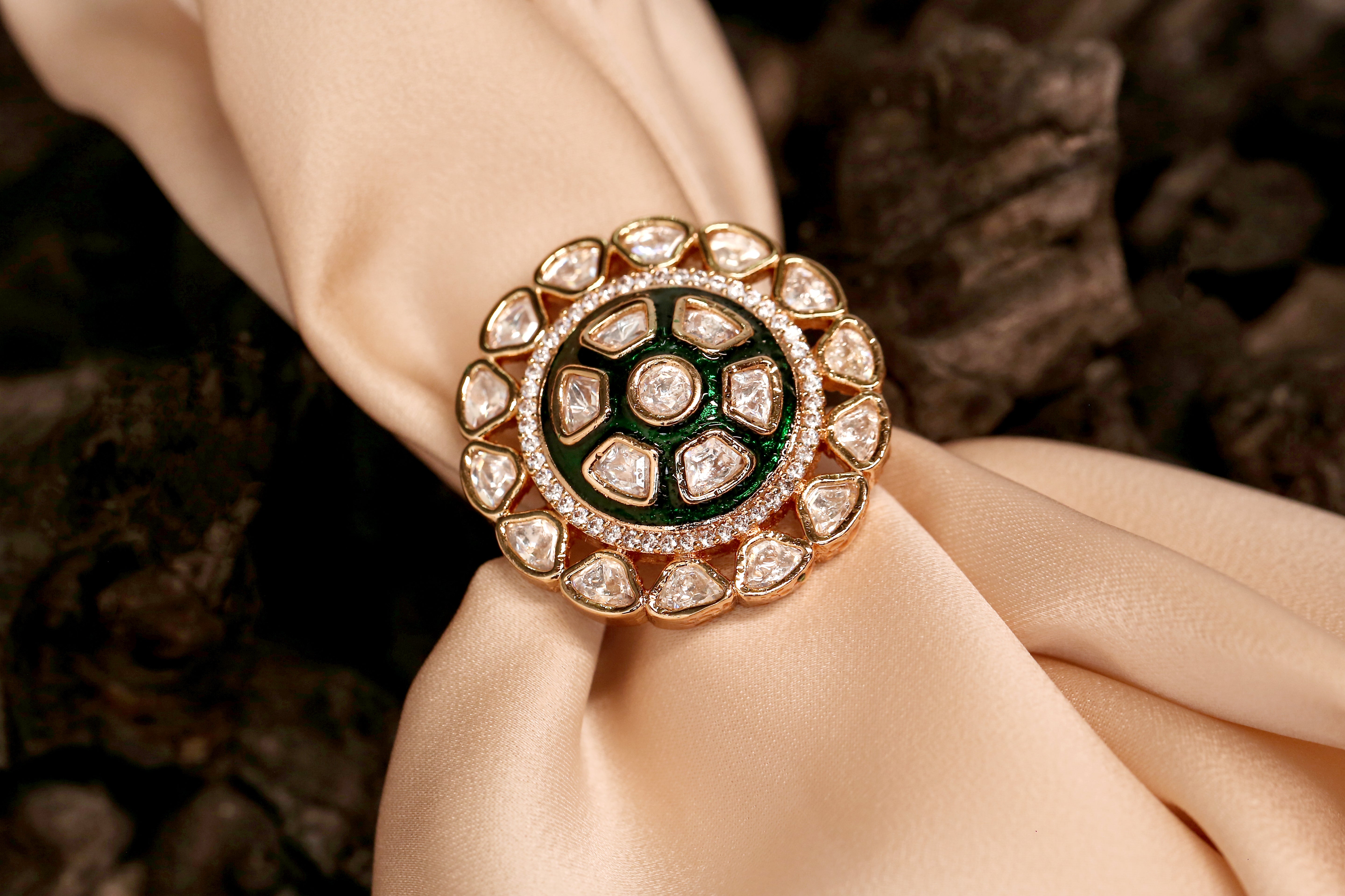 mid green meenakari polki flower ring